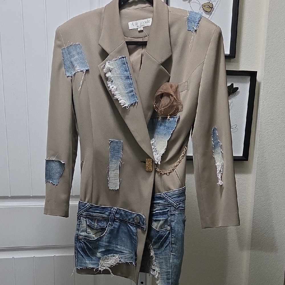 Unique Beige and Denim Patchwork Blazer - image 1